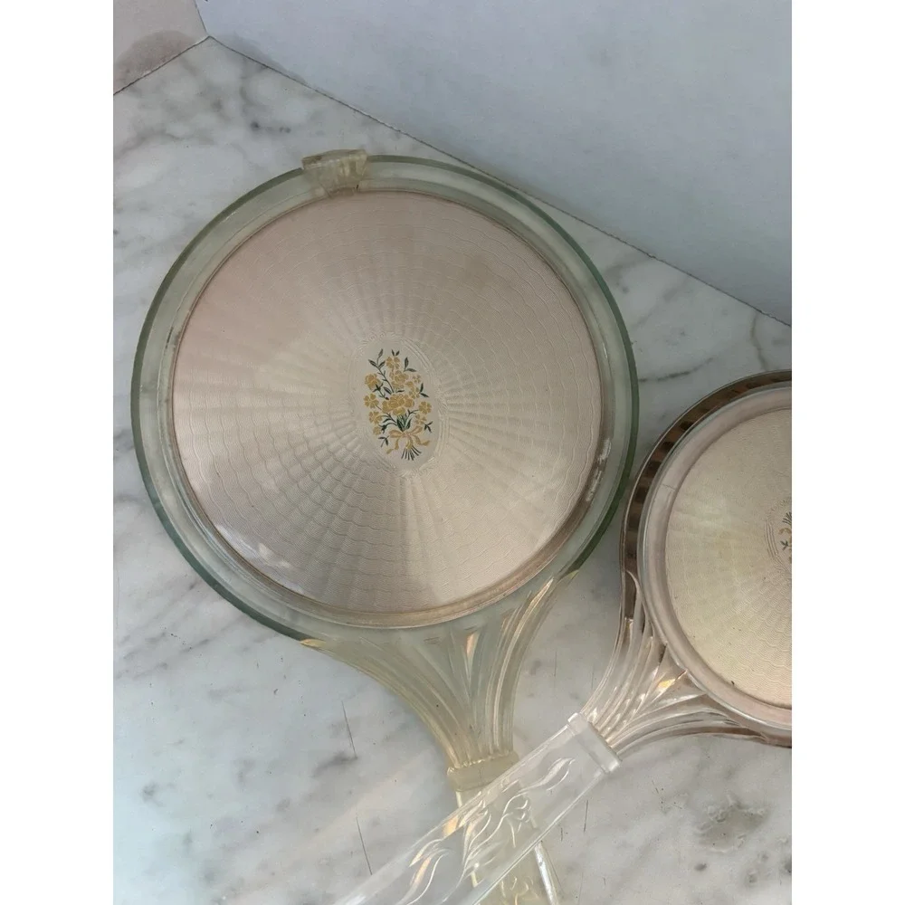 Vtg Early 20th Century Lucite Hand Held Mirror Brush Floral Bouquet Medallian - Picture 3 of 8